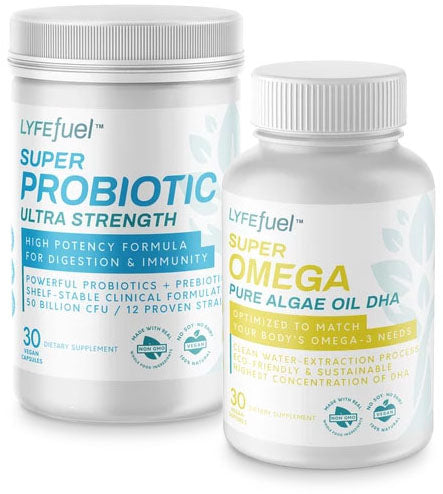 LYFE Fuel Super Probiotic: Ultra Strength and Super Omega: Pure Algae Oil DHA Supplements